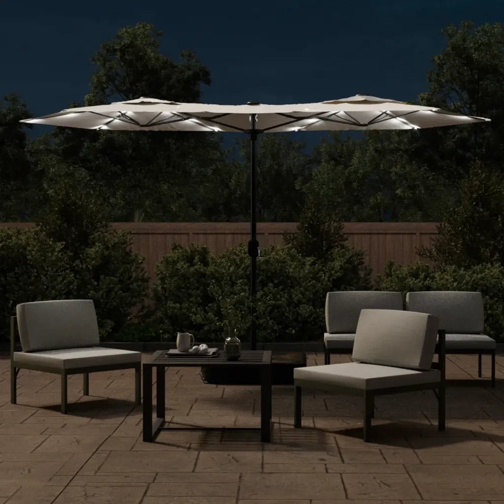 Ombrellone a Doppia Testa con LED-Ombrello da giardino Bianco Sabbia 316x145 cm