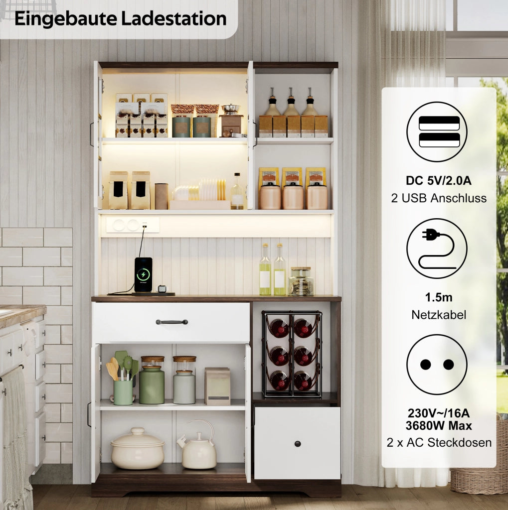 Credenza cucina stile vintage con LED RGB APP; prese USB; ripiani regolabili; 105x40x185 cm; naturale e bianco