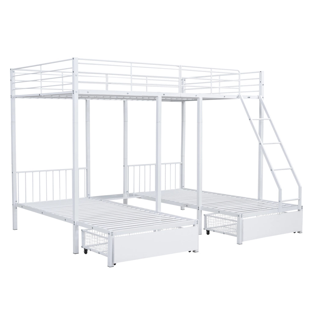 Letto a castello triplo in metallo bianco con 2 cassetti, convertibile in 3 letti separati, 140 x 200 cm