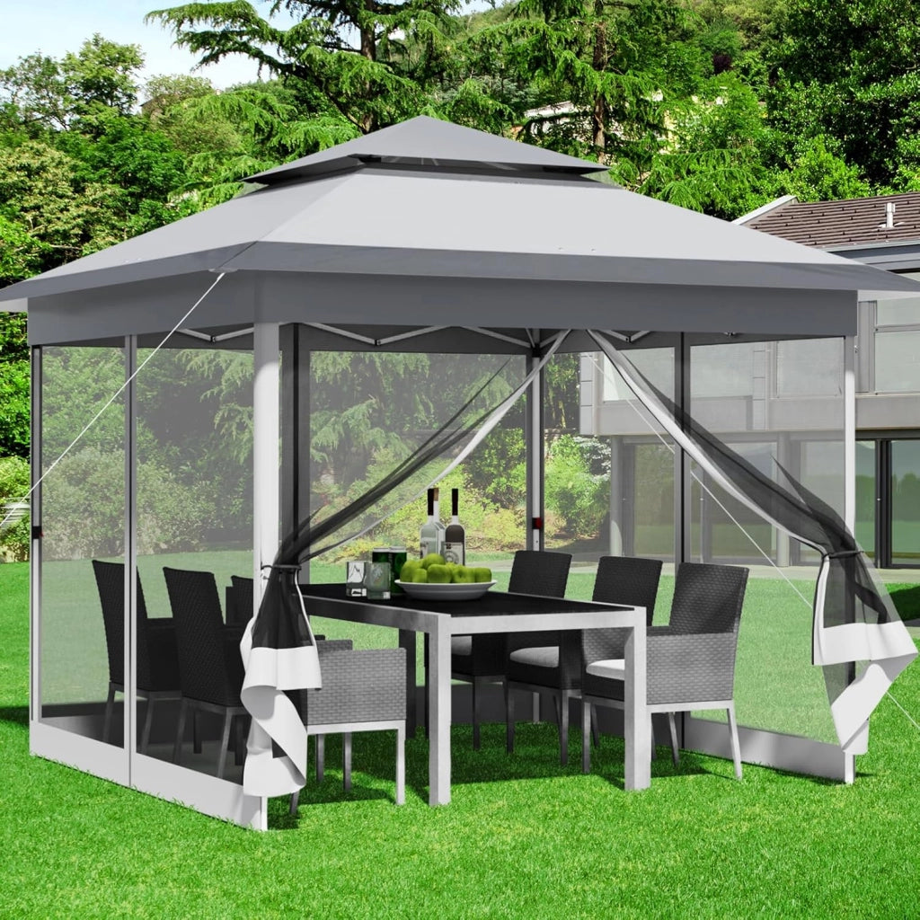 Gazebo pieghevole 3,3x3,3 m, con 4 pannelli laterali in zanzariera, One Push tenda con doppio tetto, Gazebo impermeabile da giardino 4 PCS Sacchi di Sabbia, per mercato/campeggio/spiaggia, Grigio