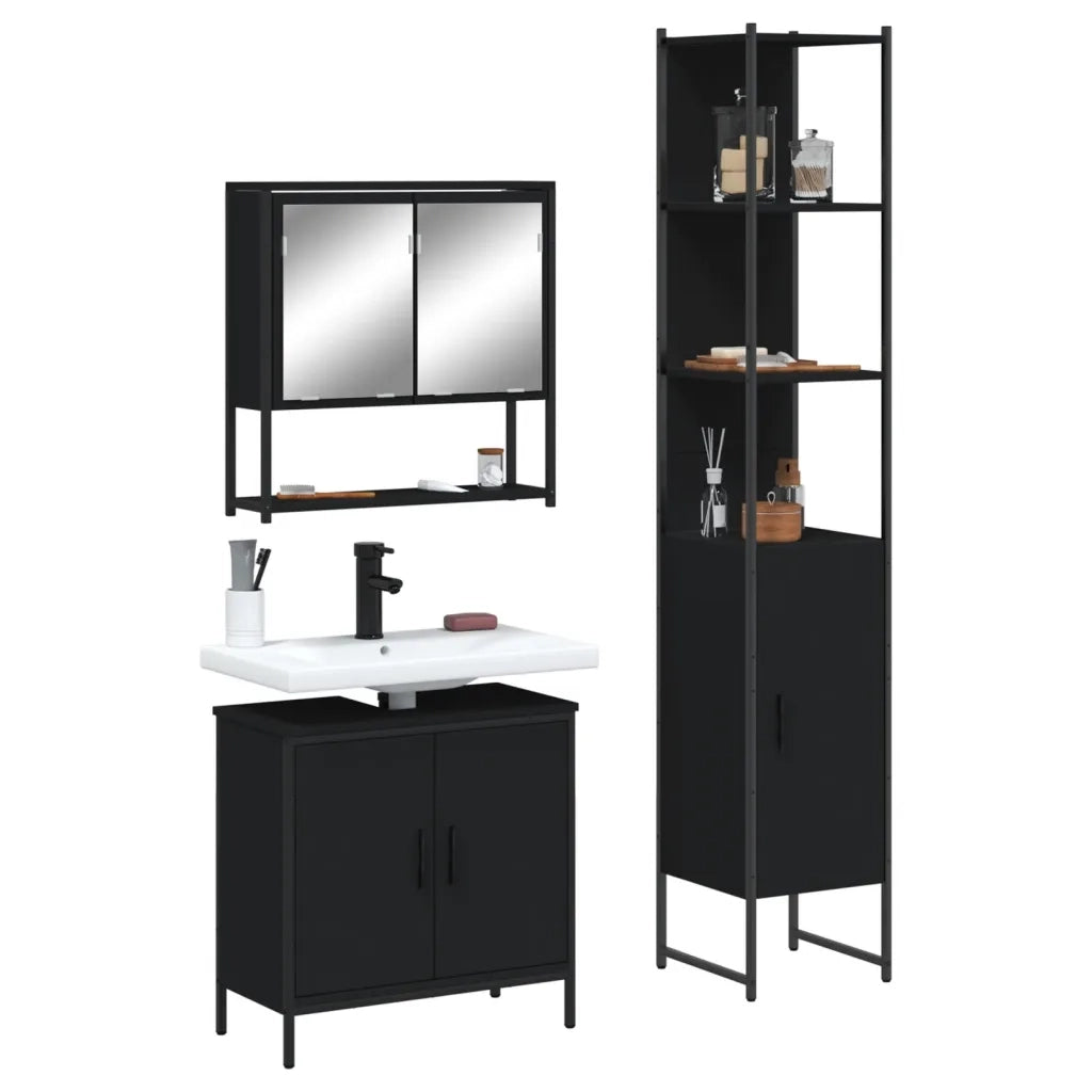 Set Mobili da Bagno 3 pz Nero in Legno Multistratocod mxl 115266