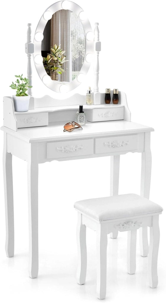 Tavolo da toeletta con specchio, 1 sgabello, specchio girevole a 360° con 10 LED, 3 colori di luce, tavolo da trucco con 4 cassetti, parte superiore mobile, tavolino in legno, bianco