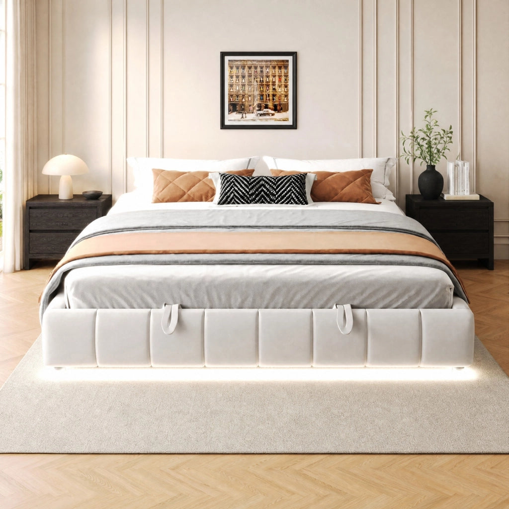 LETTO Contenitore 180x200 cm senza testiera, LED, Beige, flanella