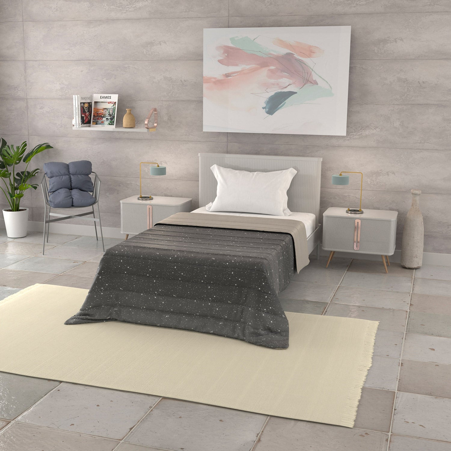 Trapuntino Matrimoniale 100gr con Stampa in Microfibra Stars Grigio