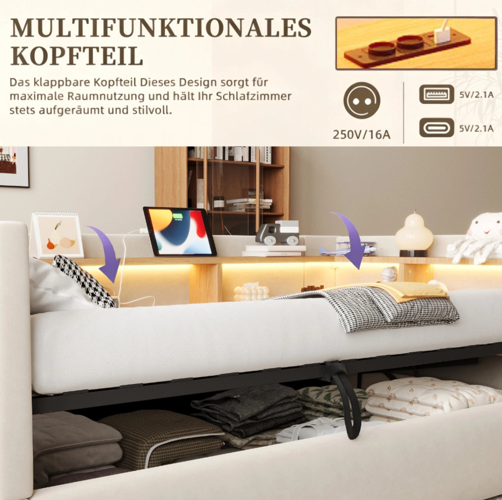 Divano letto con vano contenitore idraulico; LED; prese; 90x190 cm; beige
