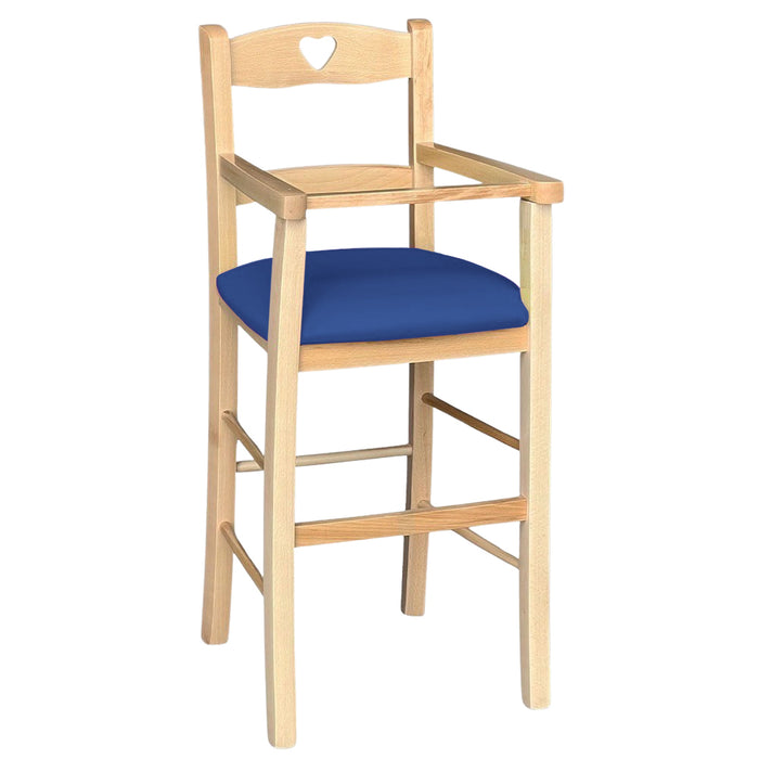 Seggiolone in legno color naturale con seduta imbottita in similpelle blu