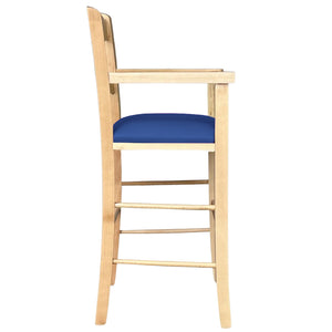 Seggiolone in legno color naturale con seduta imbottita in similpelle blu