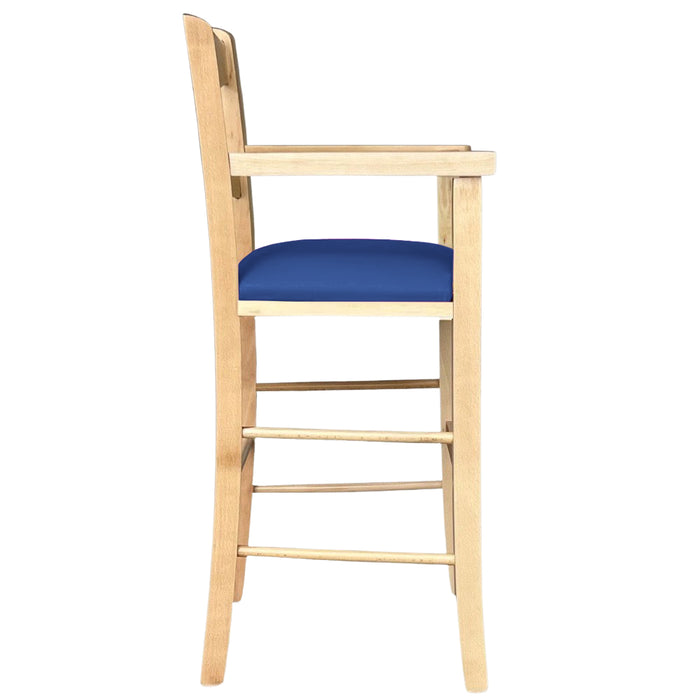 Seggiolone in legno color naturale con seduta imbottita in similpelle blu