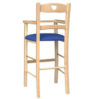 Seggiolone in legno color naturale con seduta imbottita in similpelle blu