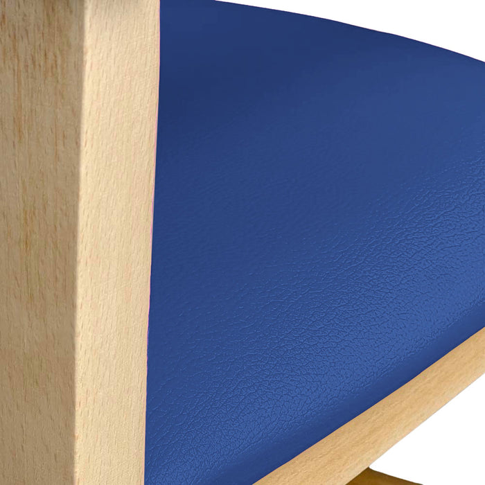 Seggiolone in legno color naturale con seduta imbottita in similpelle blu