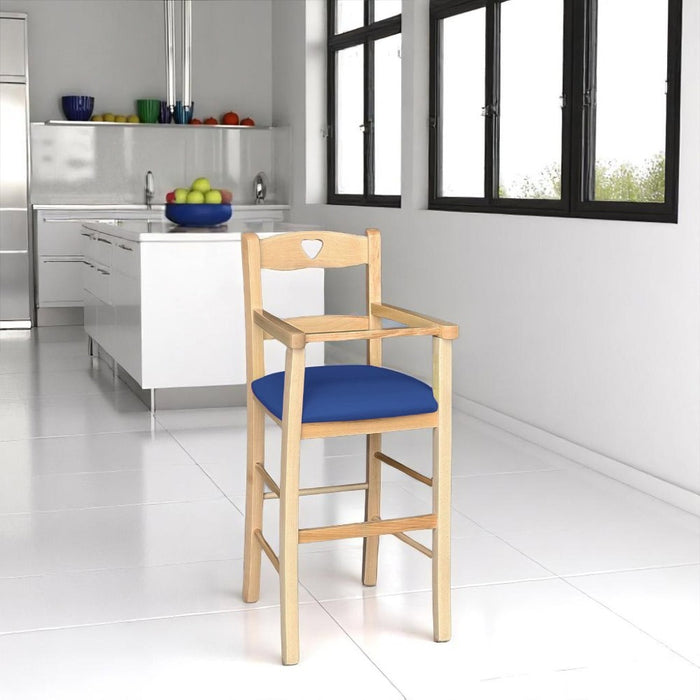 Seggiolone in legno color naturale con seduta imbottita in similpelle blu