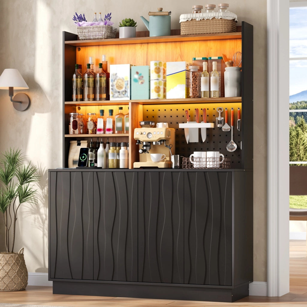 Mobile da cucina con LED RGB e prese USB; 120x43x160 cm in MDF nero e naturale