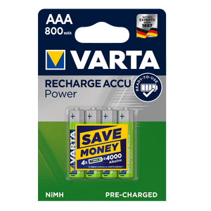 Varta Recharge Accu Power AAA 800 mAh Blister da 4 (Batteria NiMH Accu Precaricata, Micro, ricaricabile, pronta all'uso)