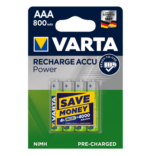 Varta Recharge Accu Power AAA 800 mAh Blister da 4 (Batteria NiMH Accu Precaricata, Micro, ricaricabile, pronta all'uso)