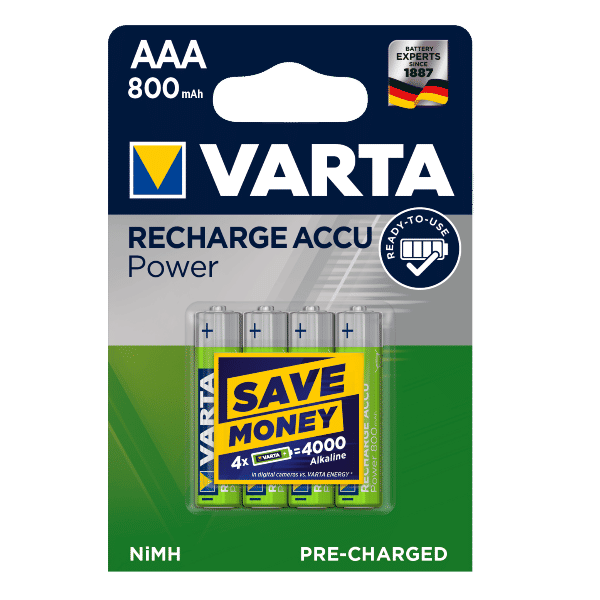 Varta Recharge Accu Power AAA 800 mAh Blister da 4 (Batteria NiMH Accu Precaricata, Micro, ricaricabile, pronta all'uso)