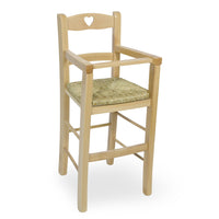 Seggiolone in legno naturale con schienale a cuore e seduta in paglia palustre