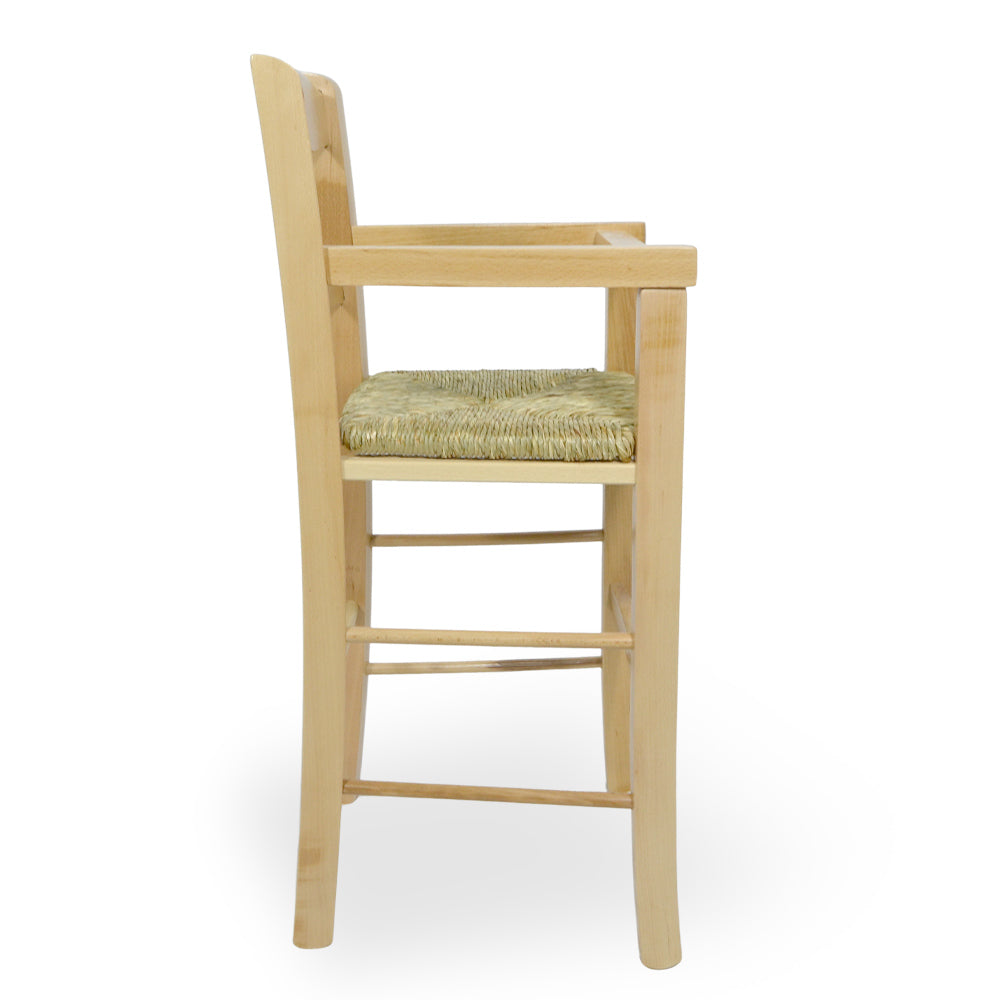 Seggiolone in legno naturale con schienale a cuore e seduta in paglia palustre