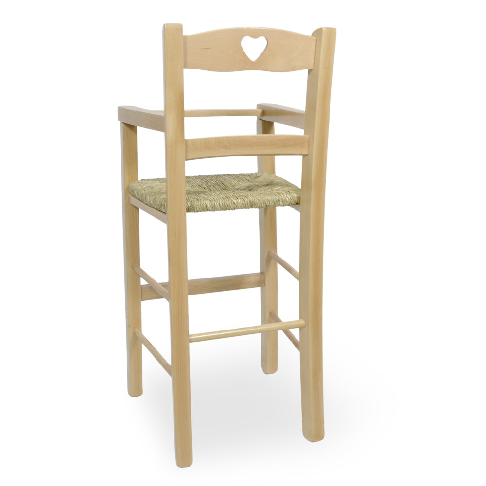 Seggiolone in legno naturale con schienale a cuore e seduta in paglia palustre
