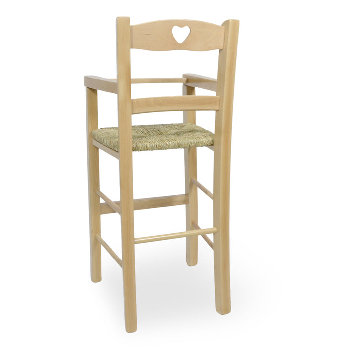 Seggiolone in legno naturale con schienale a cuore e seduta in paglia palustre