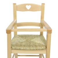 Seggiolone in legno naturale con schienale a cuore e seduta in paglia palustre