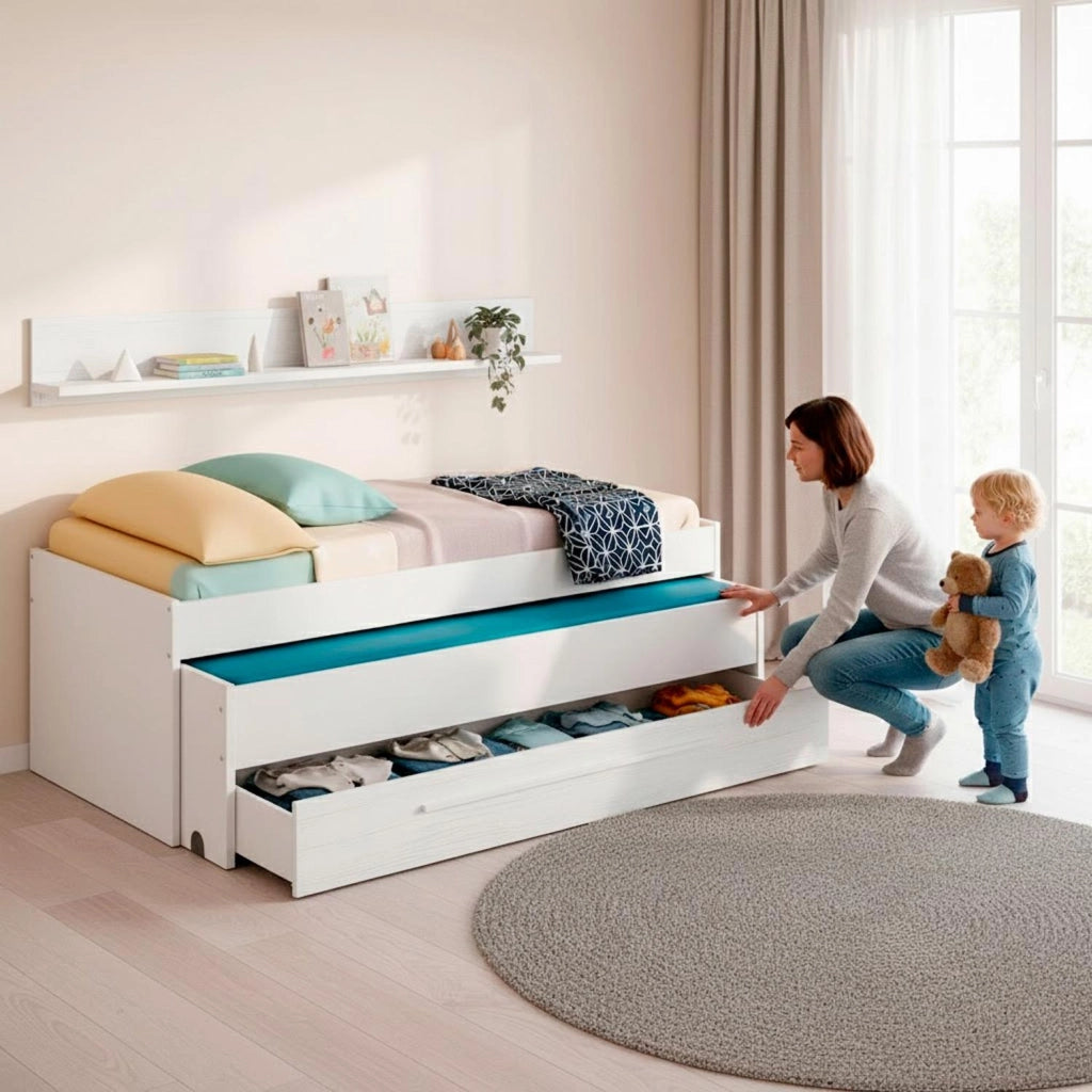 Letto Estraibile Con Cassetto Integrato E Mensola Design Nordico Ideale Per Camerette Piccole Pratico Robusto E Funzionale 65 × 199 × 96 Cm Bianco E Bianco Effetto Legno