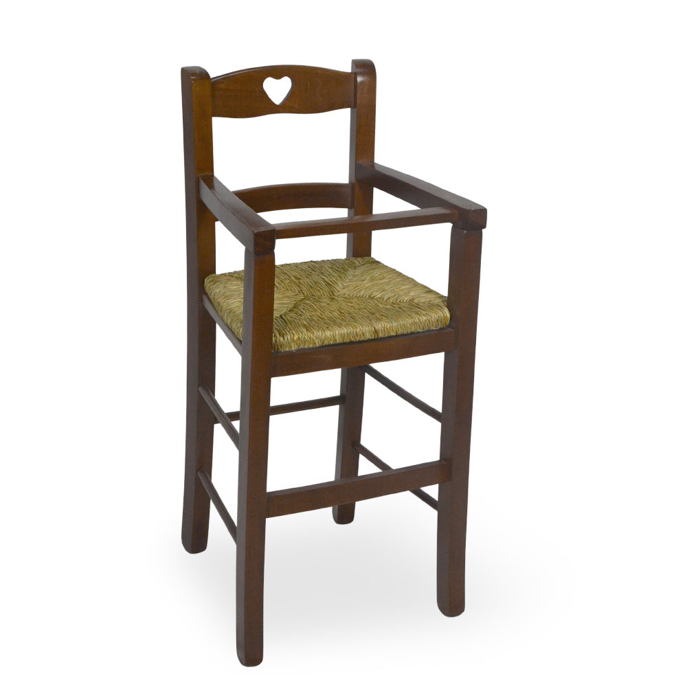 Seggiolone in legno noce scuro con schienale a cuore e seduta in paglia palustre