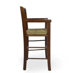 Seggiolone in legno noce scuro con schienale a cuore e seduta in paglia palustre