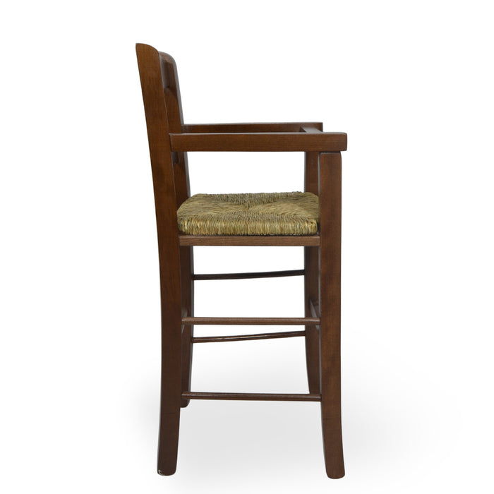 Seggiolone in legno noce scuro con schienale a cuore e seduta in paglia palustre