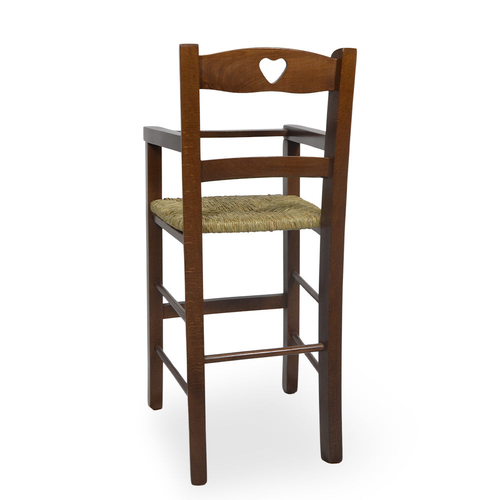Seggiolone in legno noce scuro con schienale a cuore e seduta in paglia palustre