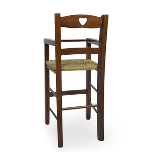 Seggiolone in legno noce scuro con schienale a cuore e seduta in paglia palustre