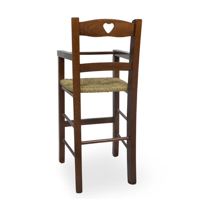 Seggiolone in legno noce scuro con schienale a cuore e seduta in paglia palustre