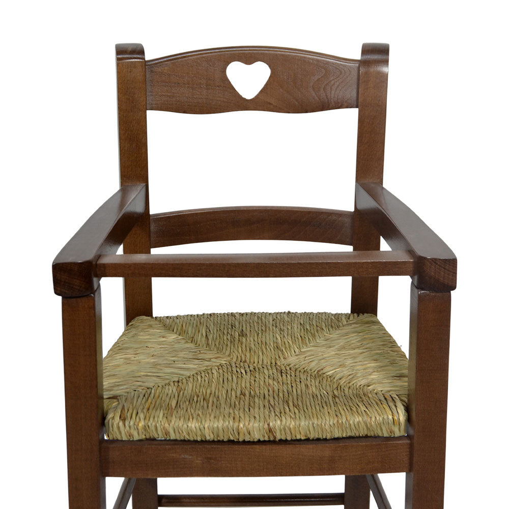 Seggiolone in legno noce scuro con schienale a cuore e seduta in paglia palustre