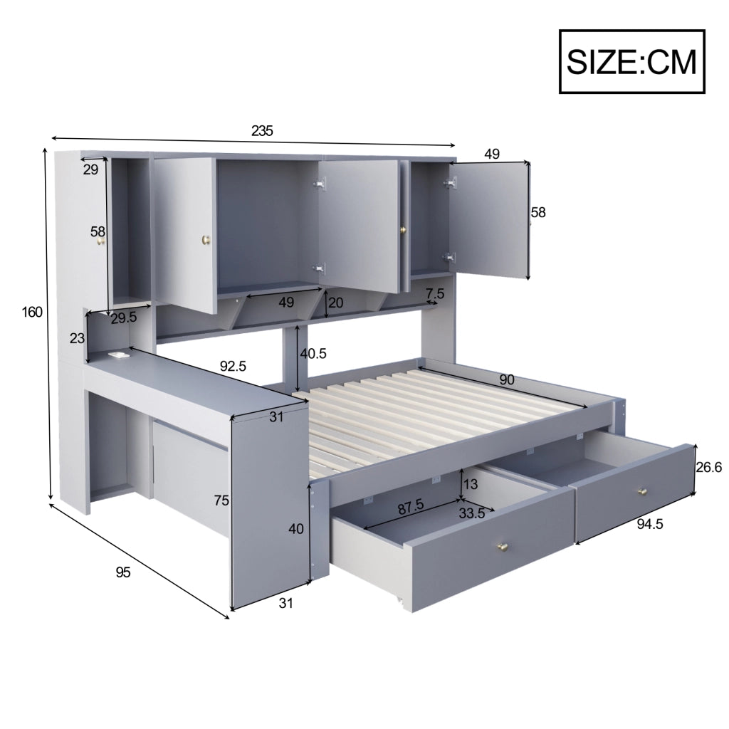 Letto per bambini 90x200 cm con scrivania; LED e prese; 2 cassetti e vani contenitore; MDF grigio