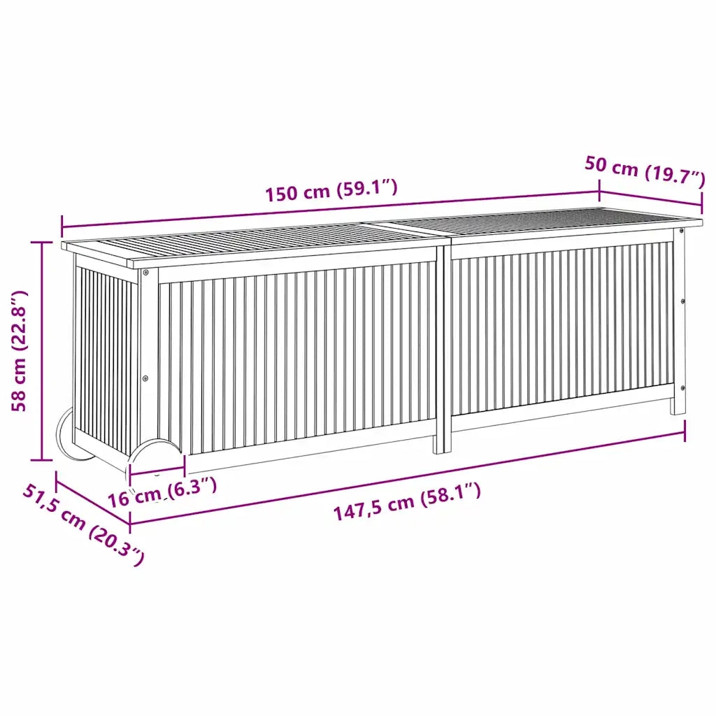 Contenitore da Giardino con Ruote 150x50x58cm Massello Acacia 319713