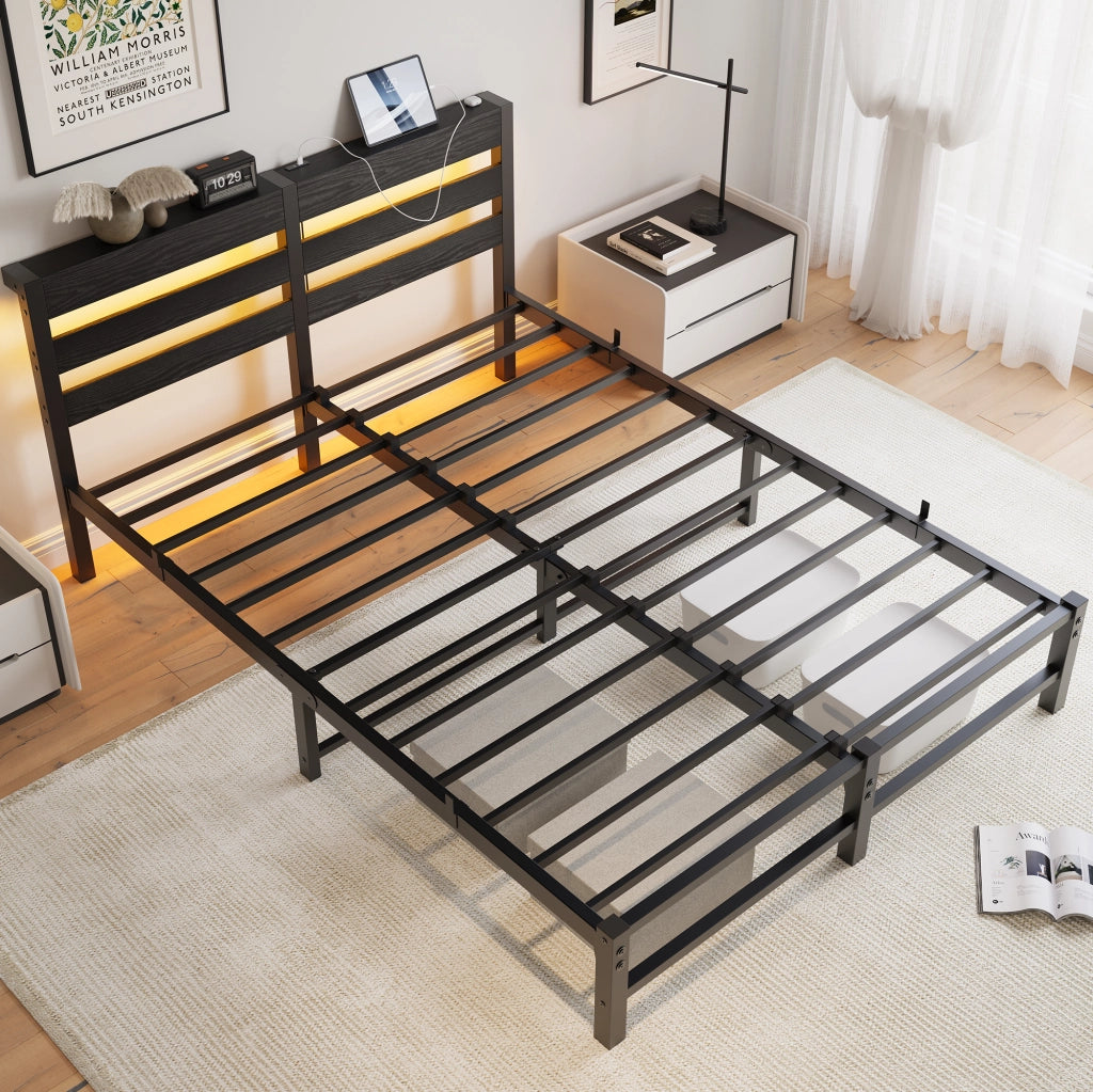 Letto per adulti 140 × 200 cm con LED RGB, 2 porte USB, contenitore sotto il letto, senza materasso, nero
