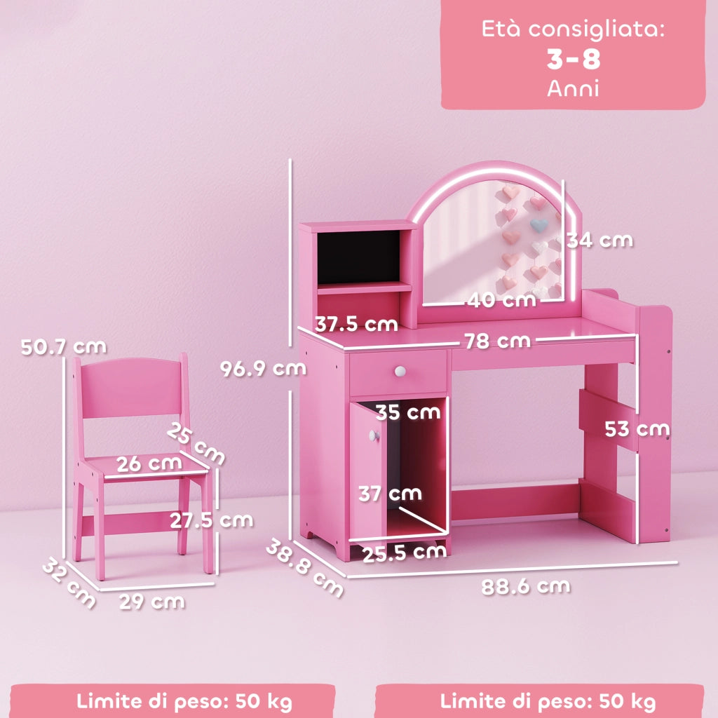 Set Toeletta Trucco per Bambini 2 in 1 con Specchio. Sedia. Luce LED. Armadietto. Scaffali e Libreria. Rosa