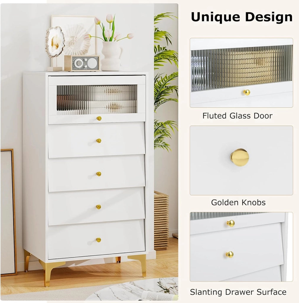 Cassettiera Bianca in Legno, Comò Camera da Letto Moderno con Porta in Vetro e Gambe in Metallo, Mobiletto Cucina con Cassetti Scorrevoli, per Studio, Ingresso, Bianco (Con 4 Cassetti)