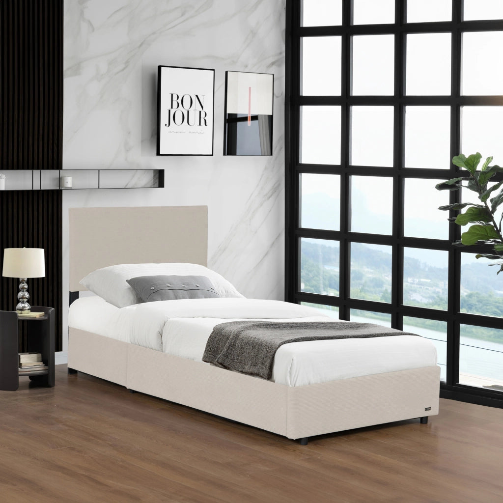 Letto Contenitore Juva con Apertura a Ribalta Letto Singolo 90x200 cm Velluto a Coste Beige Corium