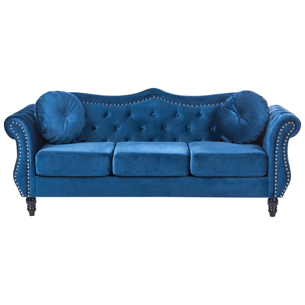 Set da soggiorno Velluto blu 2 posti 3 posti Bottoni con rifiniture a punta trapuntata Cuscini Braccia arrotolate Glam