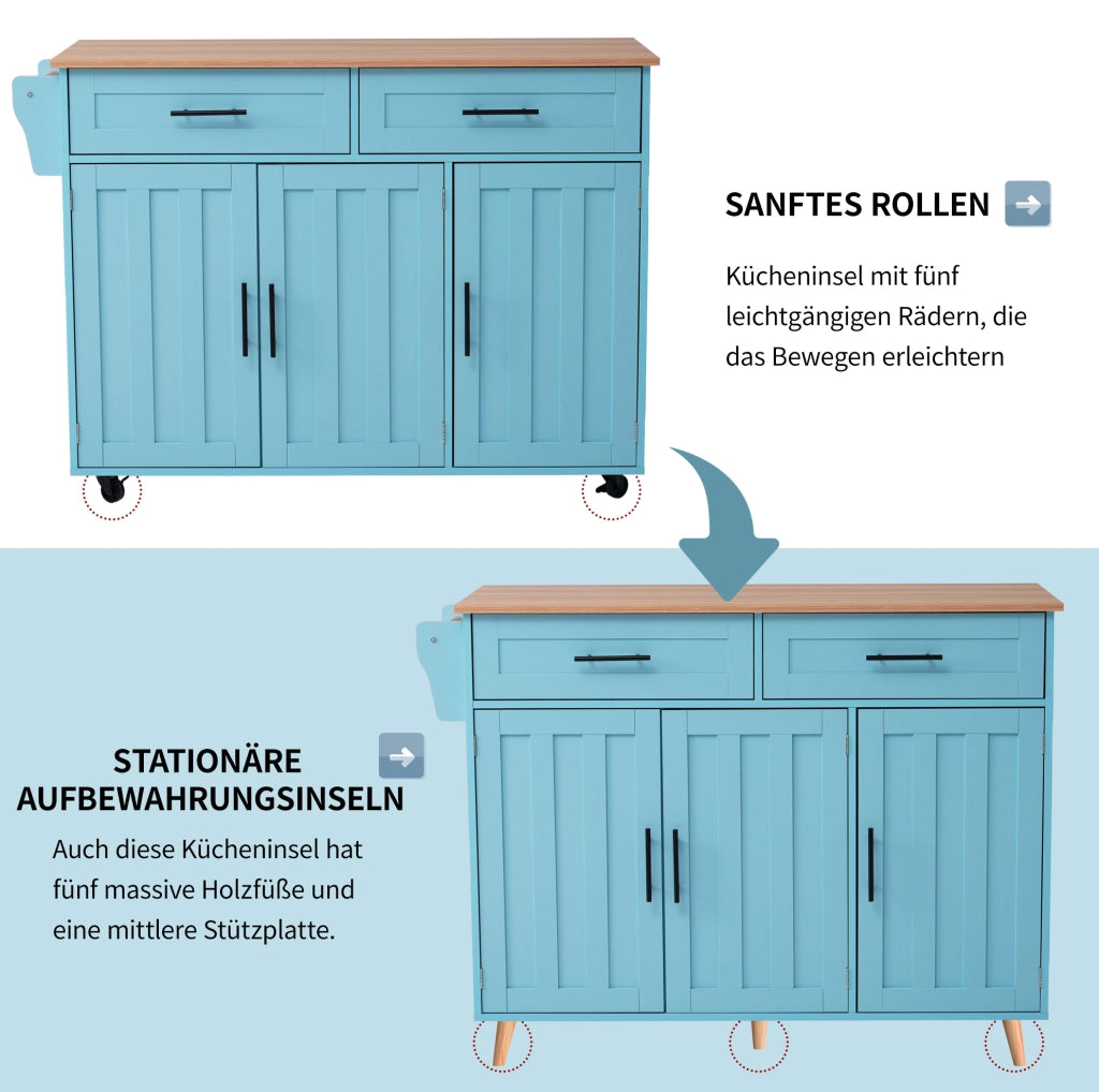 Carrello da cucina azzurro con piano pieghevole, ruote e cassetti