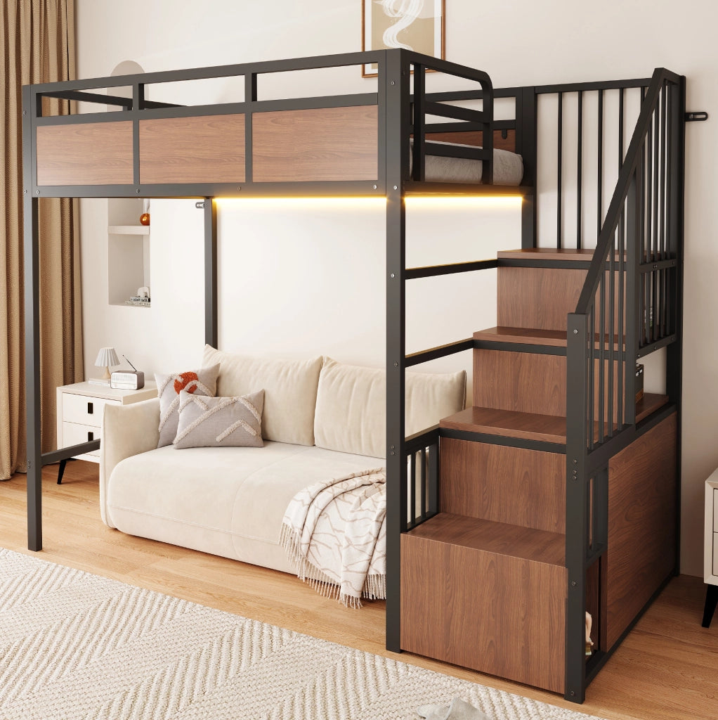 Letto a soppalco 90x200 cm con scala portaoggetti e LED in metallo e legno nero
