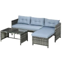 Salotto da Giardino con Divanetto, Chaise Longue e Tavolino in Rattan PE con Cuscini, Grigio