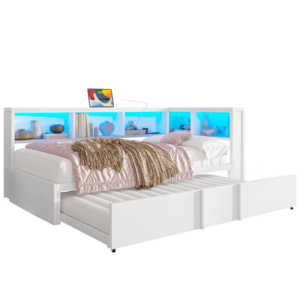Divano letto in metallo e MDF 90x200 cm con letto estraibile, LED, USB e vani contenitore, bianco
