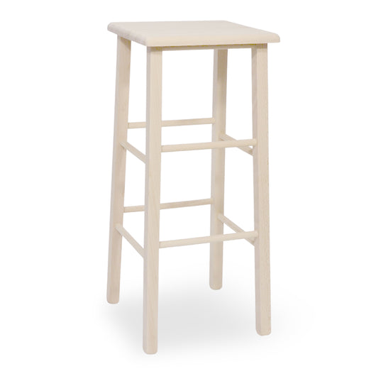 Sgabello alto 73 cm in legno grezzo con seduta quadrata in legno massello