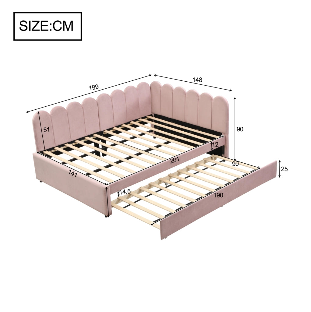 Letto imbottito angolare con letto estraibile 140x200 cm in velluto rosa
