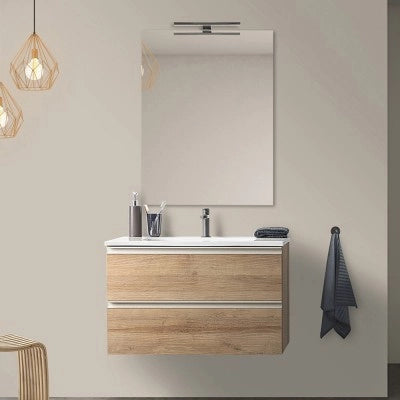 Mobile bagno sospeso 80 cm rovere miele con lavabo e specchio tondo Master