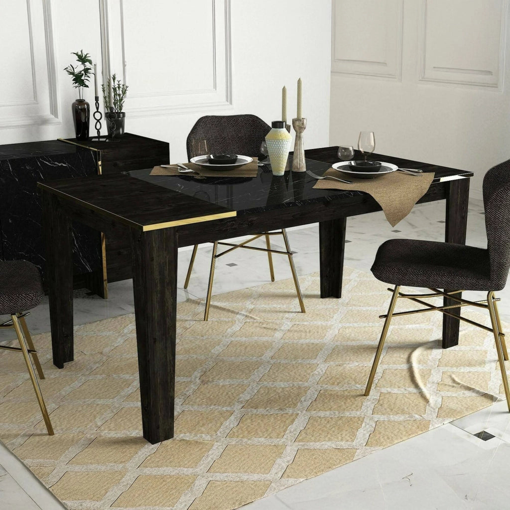 Tavolo fisso Asciano, Ripiano da cucina, Consolle per sala da pranzo, Ripiano rettangolare fisso, 145x85h76 cm, Nero e Oro