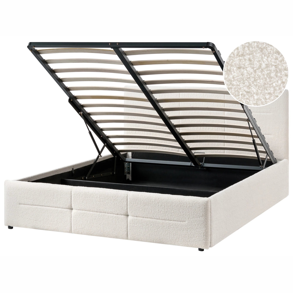 Letto ottomano bianco sporco bouclé 140x200 cm con testiera sollevabile e base a doghe Design moderno