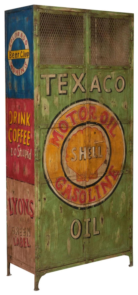 Biscottini Armadietto da officina texaco oil in ferro dipinto a mano stile vintage
