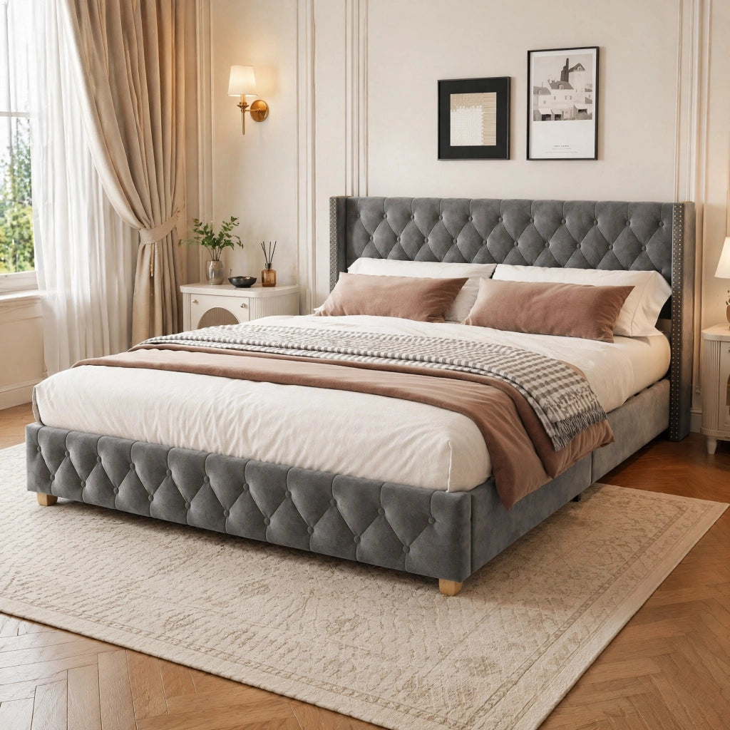 Letto imbottito 140x190 cm in velluto grigio con rete a doghe, testiera capitonné e gambe in legno